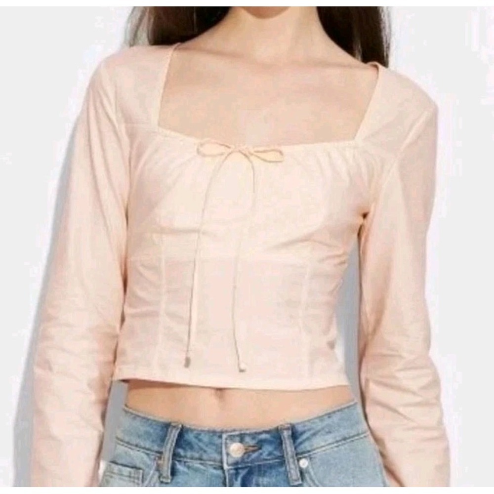 Wild Fable Blouse Womens XXL Light pink Long Sleeve Square Neck Crop Top New
